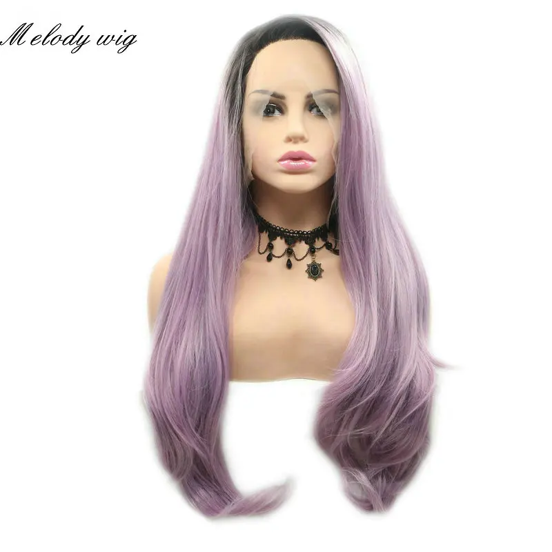 Melody Synthetic Lace Front Wigs Kanelalon Heat Resistant Black Roots Ombre Purple Long Natural Wave for Women Natural Looking