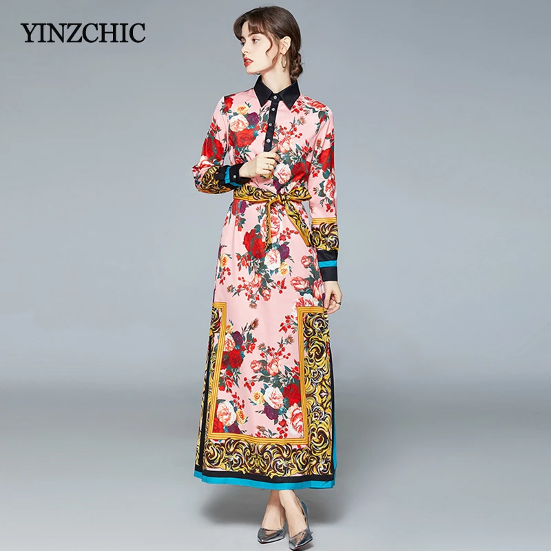 

2021 Spring New Woman Maxi Dress Beach Style Printed Furcal Dress for Woman Ladies Eleagant Straight Vestidos Femme Sash Waisted