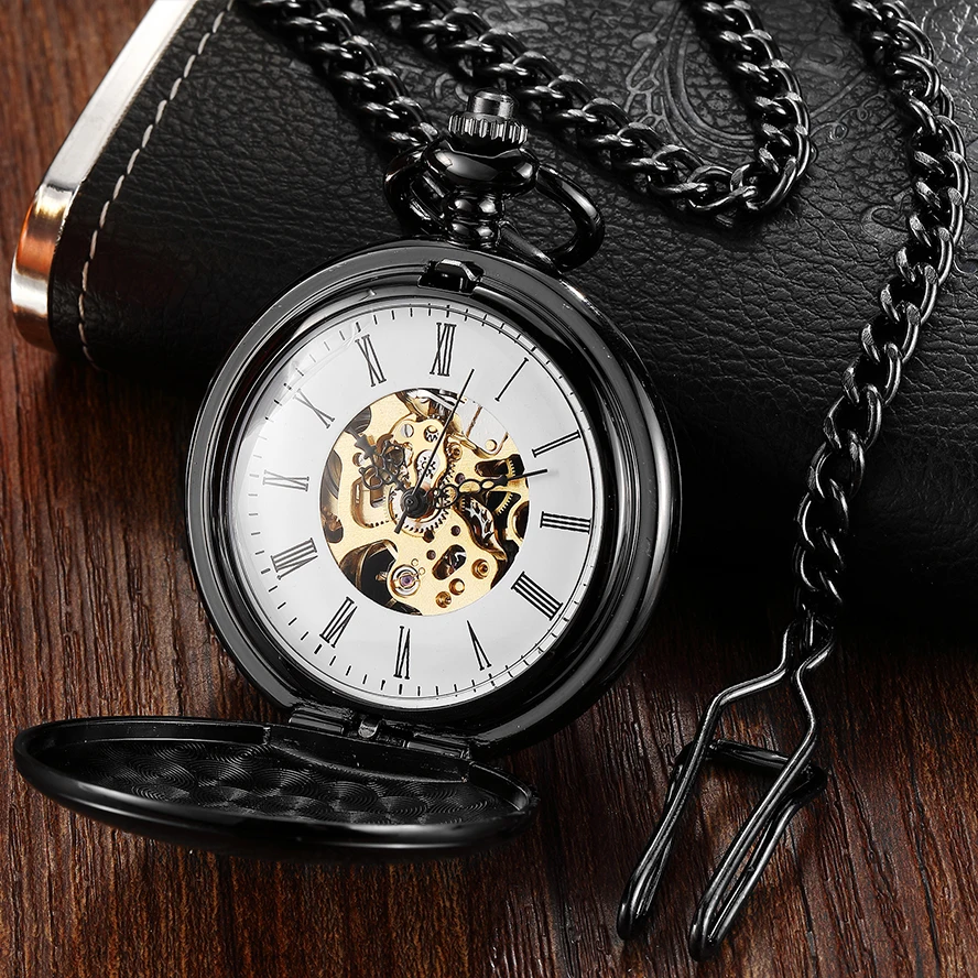 Luxury Gold Dial Black Mechanical Pocket Watch Skeleton Pendant Fob Chain Reloj for Men Antique Bronze Steampunk Montre de poche