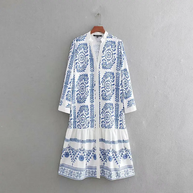 

2021 New Floral Print Boho Dress Women Korea Fashion All Match Loose Printed Shirt Dress A Line Long Sleeve Midi Dress Woman 612