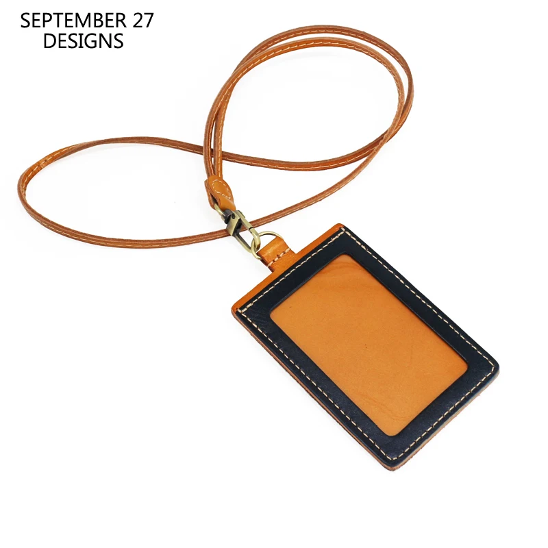 New Fashion Office ID Badge Holder For Work First Layer Leather Luxury Vertical Style Identity Neck Lanyard Bus Card Holders Tag