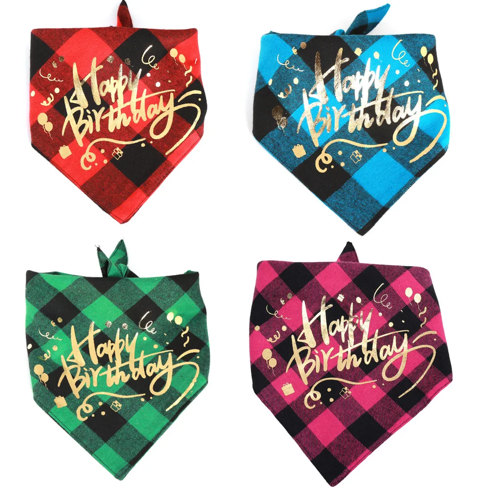 

4Pcs/Lot Happy Birthday Pet Dog Bandana Puppy Scarf Bibs Double Layer Plaid Triangle Accessories