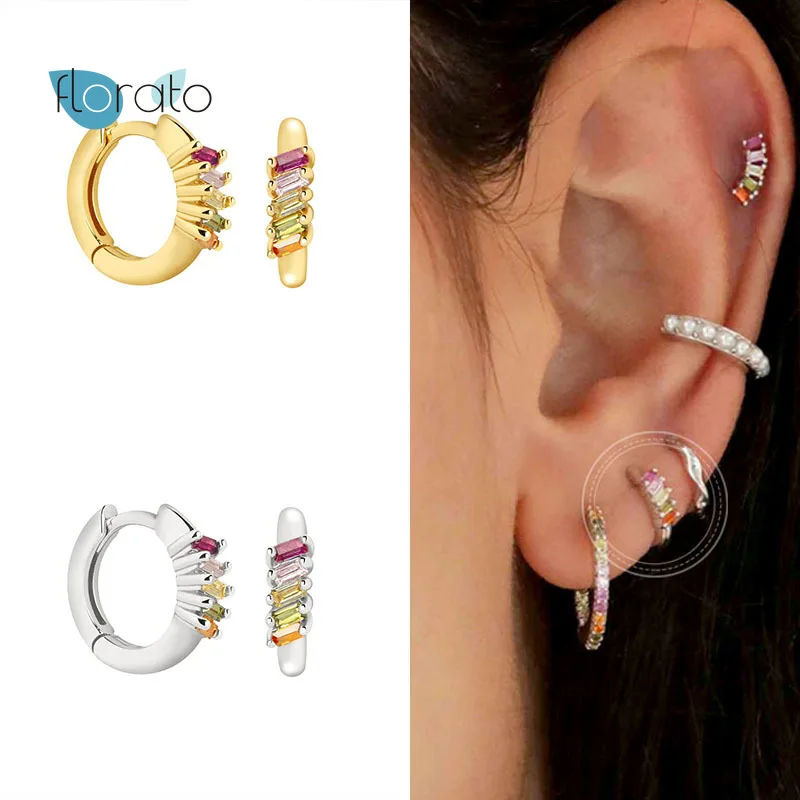 

925 Sterling Silver Ear Buckle Rainbow Crystal Hoop Earring For Women Luxurious CZ Huggie Earrings Fashion Females Party Jewelry