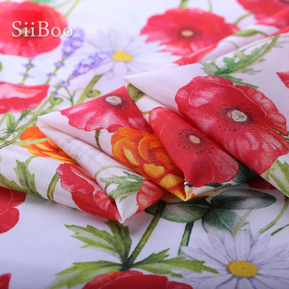 Элегантная красная Цветочная печать 100% Шелковая крепдешиновая ткань одежда для