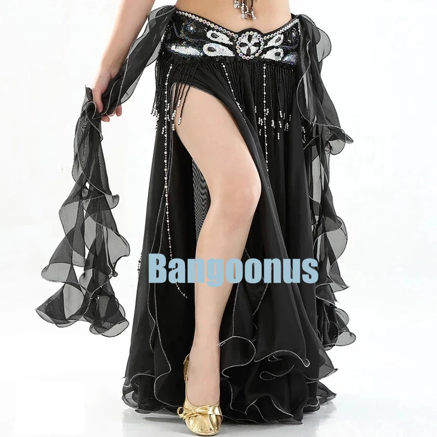 

Solid Color Belly Dancing Skirt Woman Chiffon Split Sexy Gypsy Flamenco Oriental Ethnic Performance Gauze Skirt High Slit Skirt