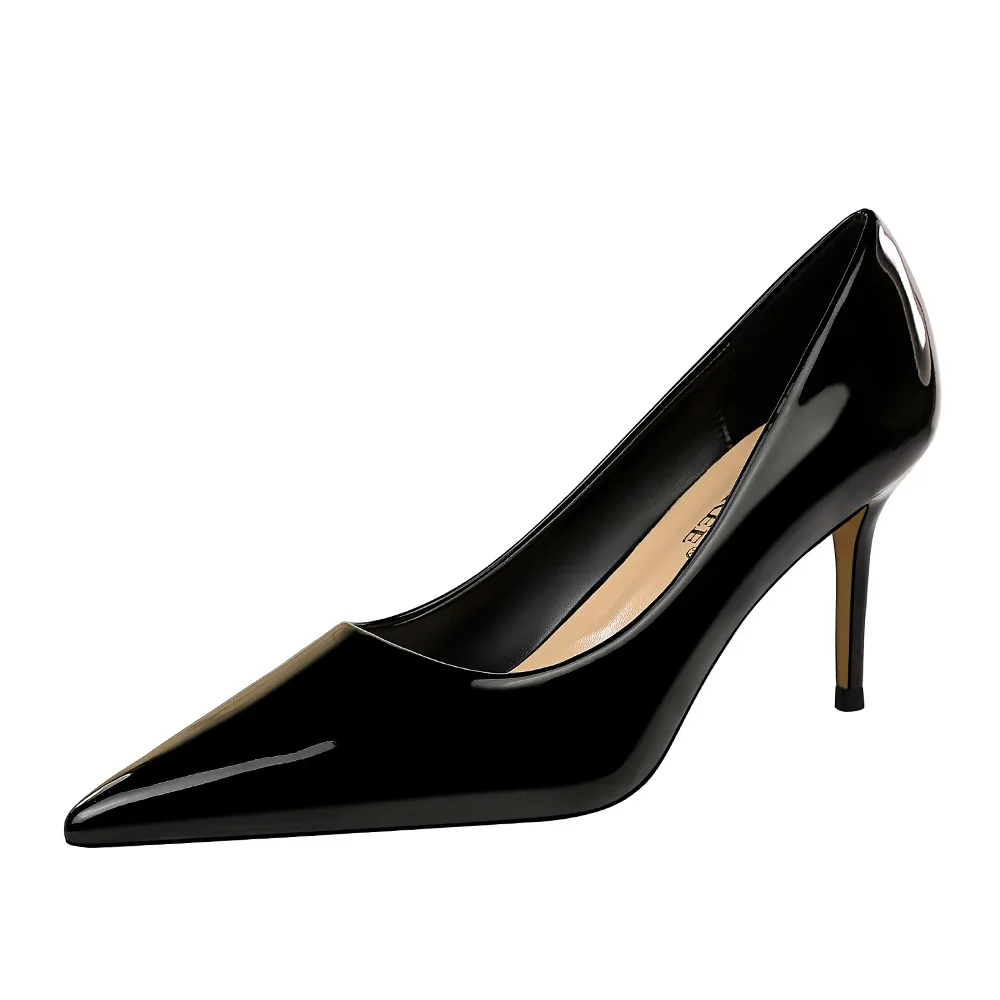 

European and American Simple High-heeled Shiny Patent Leather Shallow Pointy Sexy Professional High Heels Women's Single Shoes