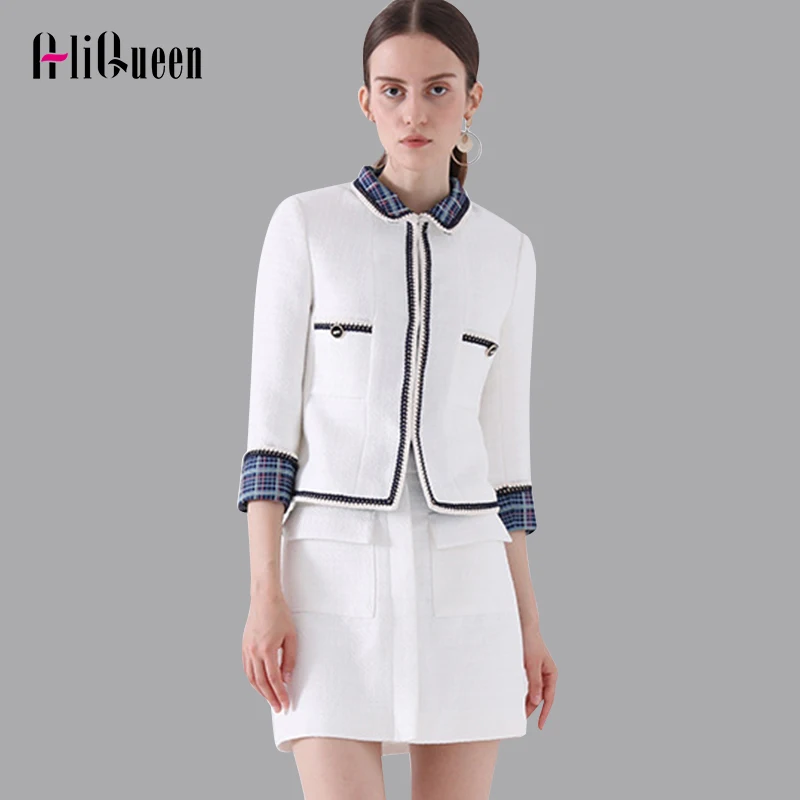 Женский клетчатый твидовый костюм пиджак с рукавом 2019 и мини-юбка комплект из