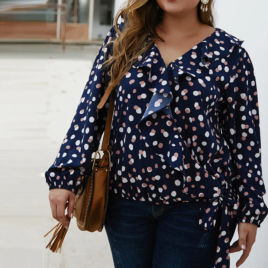 Женская рубашка с оборками Sagace Повседневная блуза в горошек длинными рукавами