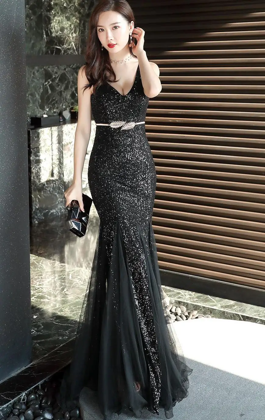 Хлопок горячая Распродажа размера плюс Vestido Longo новое женское элегантное и годовое сексуальное платье для банкета - Цвет: Black