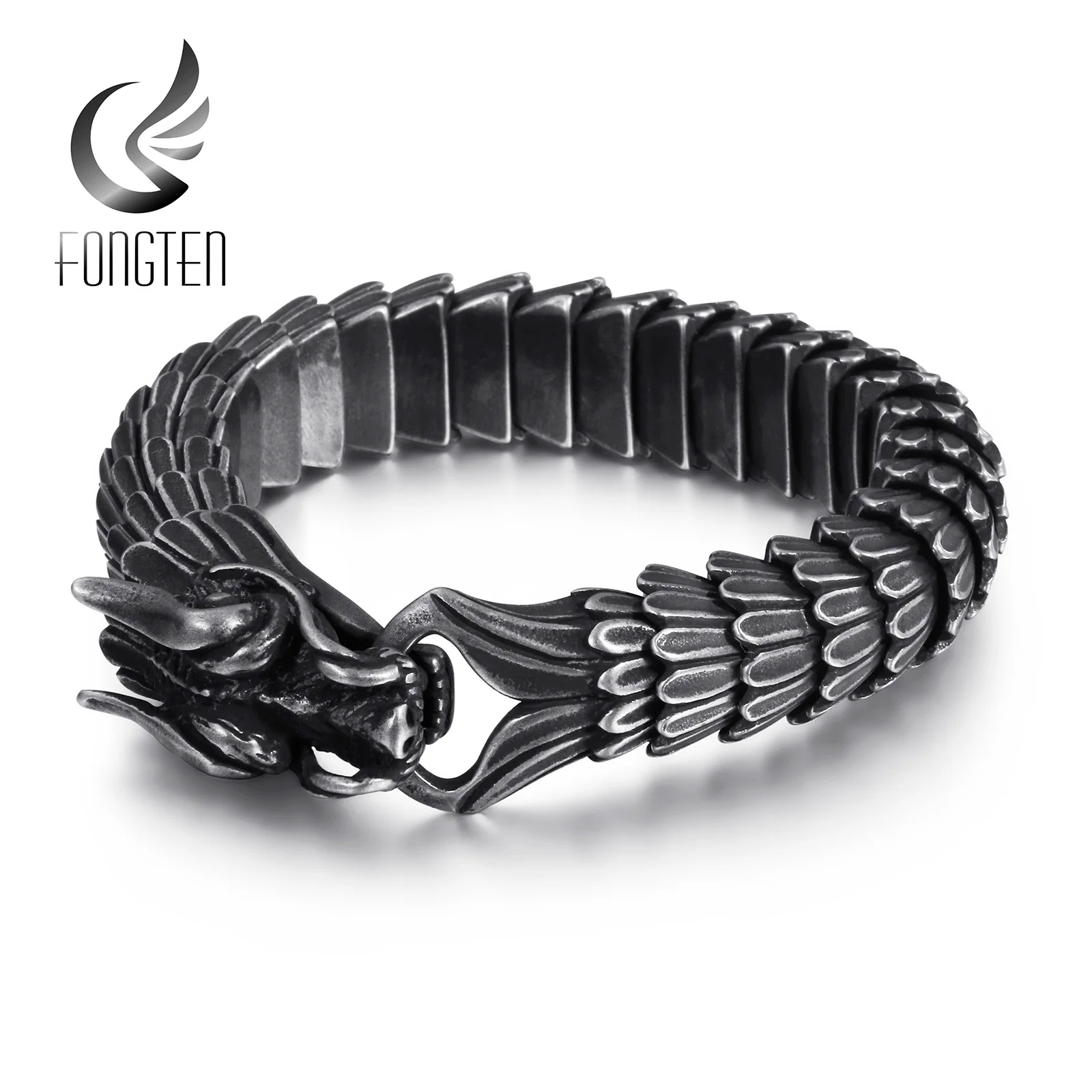 Fongten Dragon мужской браслет, Викинг, Винтаж, нержавеющая сталь, байкер, звено цепи, панк, для мужчин, старый металл, браслеты, ювелирные изделия