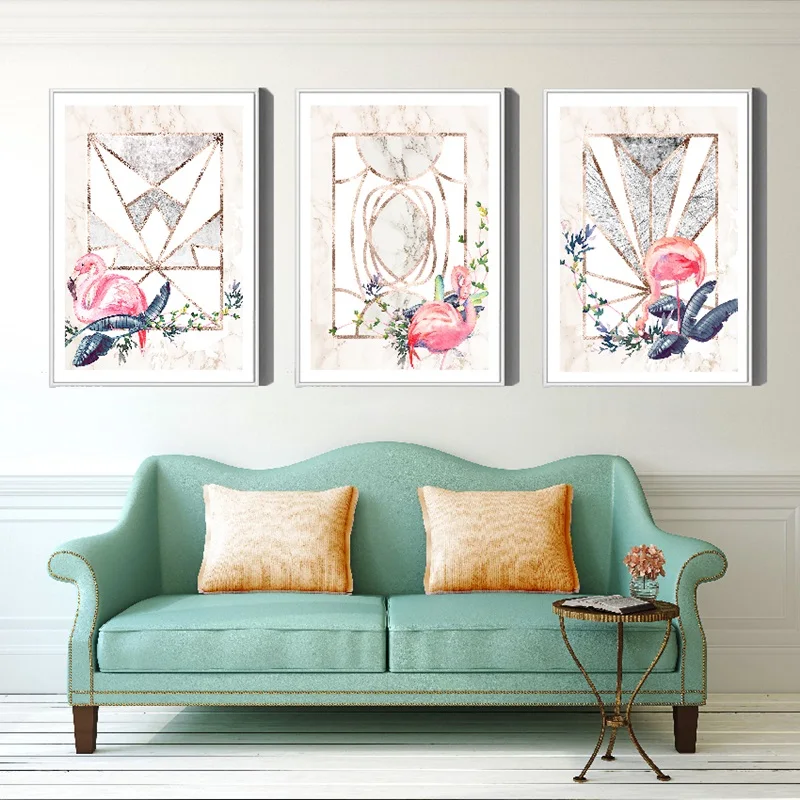 Розовые Фламинго листья геометрический узор фон Картина на холсте плакаты и