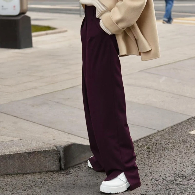 

Paris Girl Spring Autumn Female Solid Split Wide Leg Pants Women Full Length Trousers Ladies High Waist Casual Straight Pants
