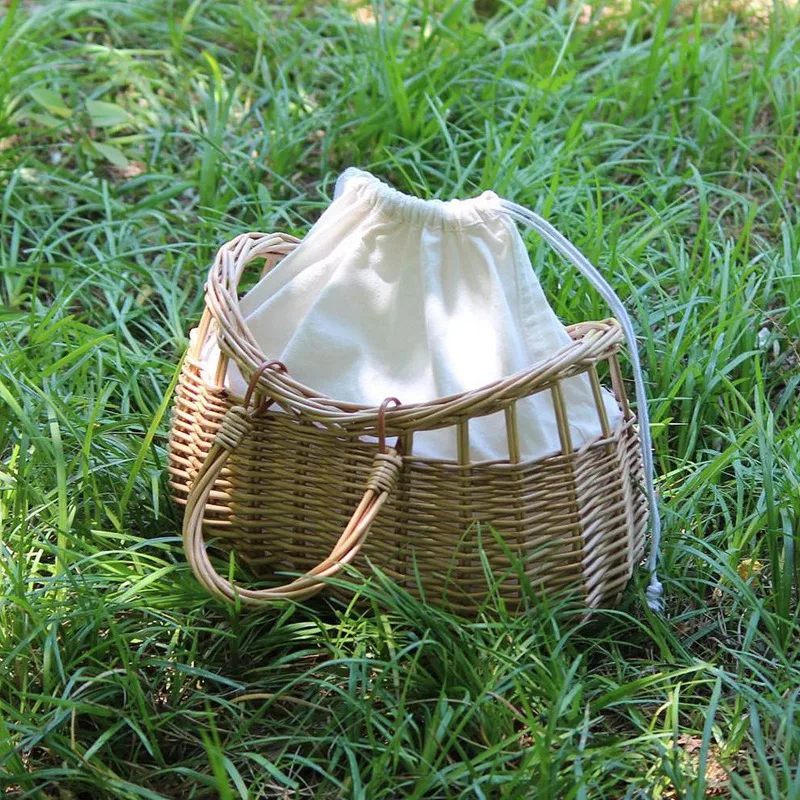 

Straw Bag Women Hand-Woven Hollow Handbag Moon Shape Rattan Bag Big Capacity Drawstring Handbag Casual Travel Beach Bag