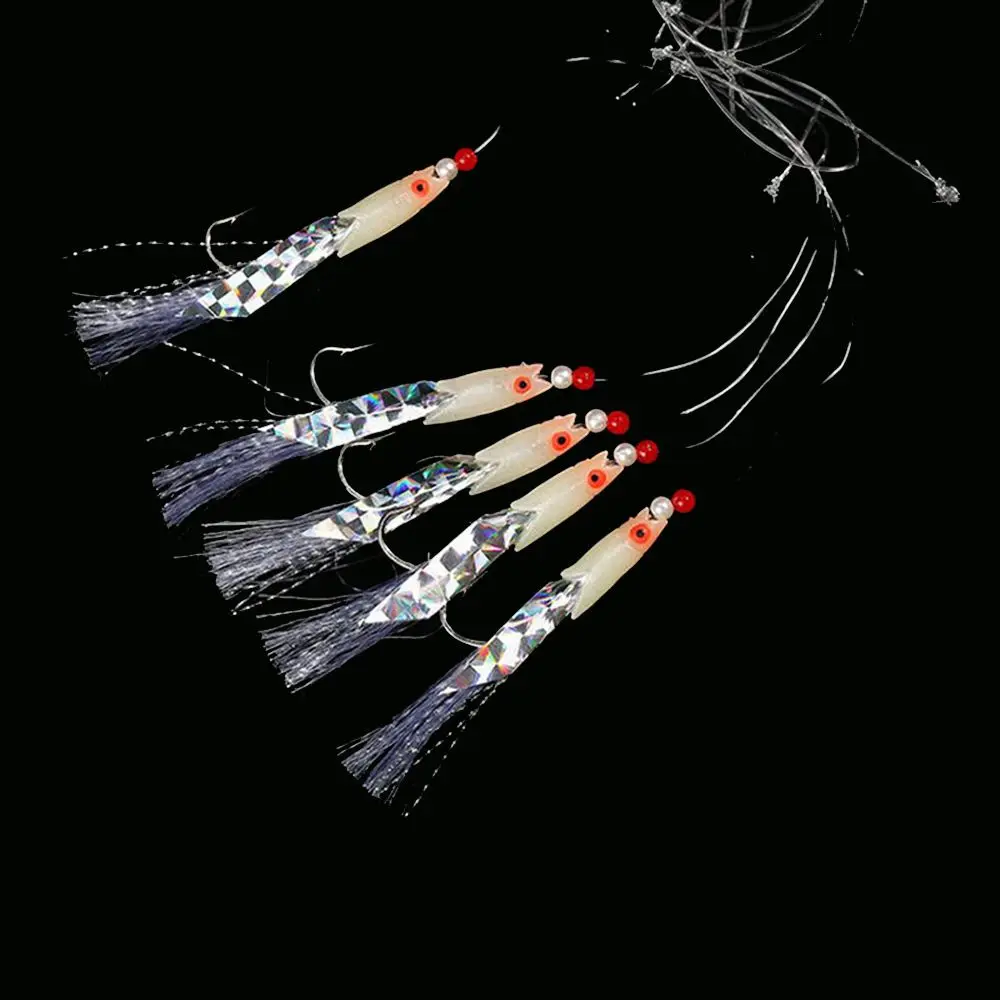 5PCS New Luminous Fishing Hook High Quality Mackerel Feathers Bass Cod Lure Lures Sea Rigs Tackle Boat Accessories - купить по