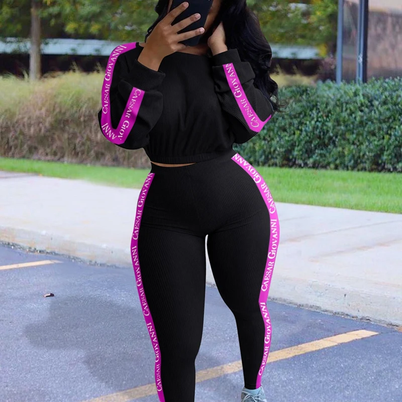 

Ribbed Knitted 2 Two Piece Set Women Long Sleeve Crop Top Tracksuit