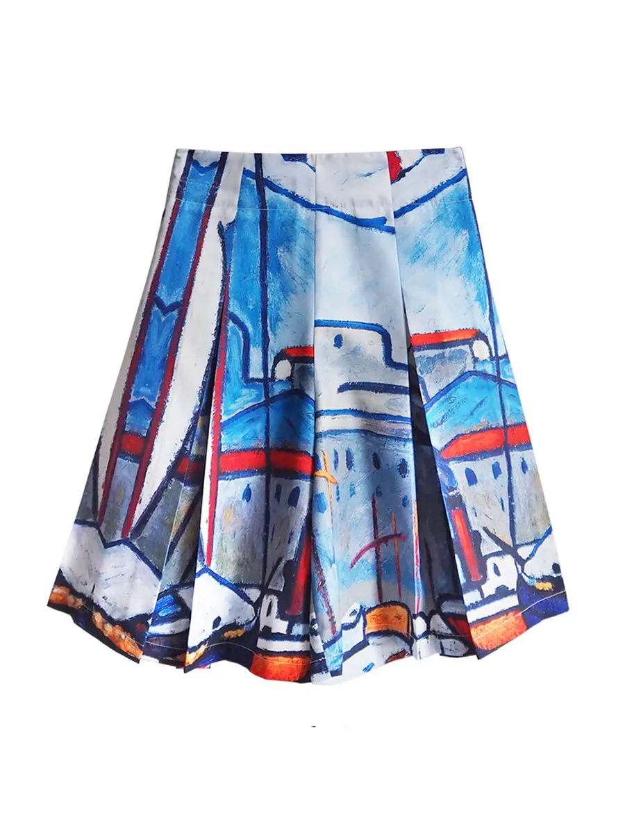 

LYNETTE'S CHINOISERIE Summer Women Original Design Vintage Oil Painting Print Empire Waist All-match Pleated Skirts