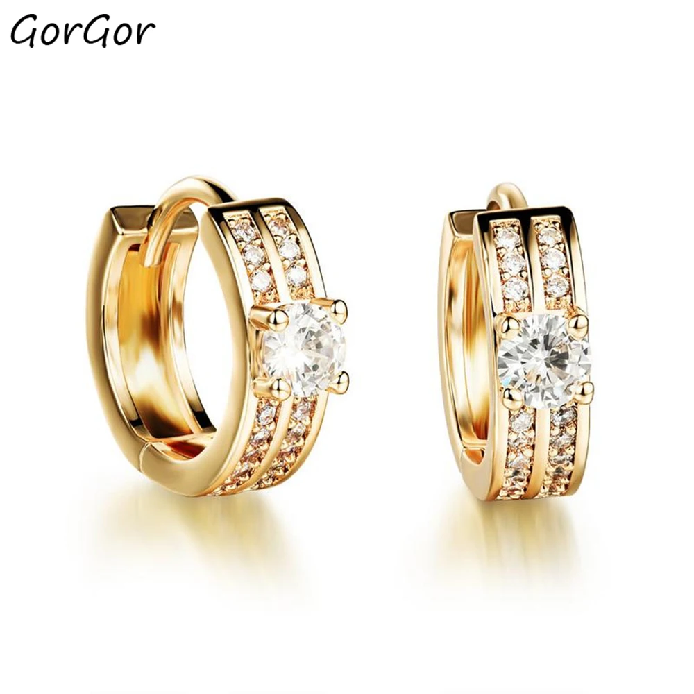 

GorGor Stud Earrings Women Copper Pattern Geometric Gold-color Cubic Zirconia Simplicity Exquisite Engagement Jewelry JE-640