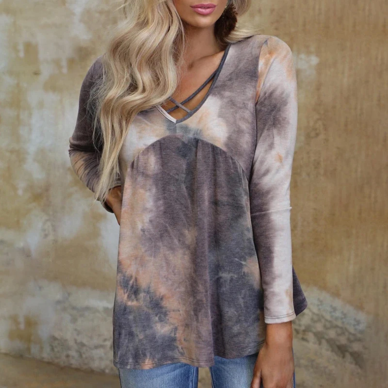 

Spring Autumn Fashion New Women's Printed Long Sleeve V-Neck Casual Loose Women's T-shirt Hollow Stitch Tie Dye Ladies Clothes