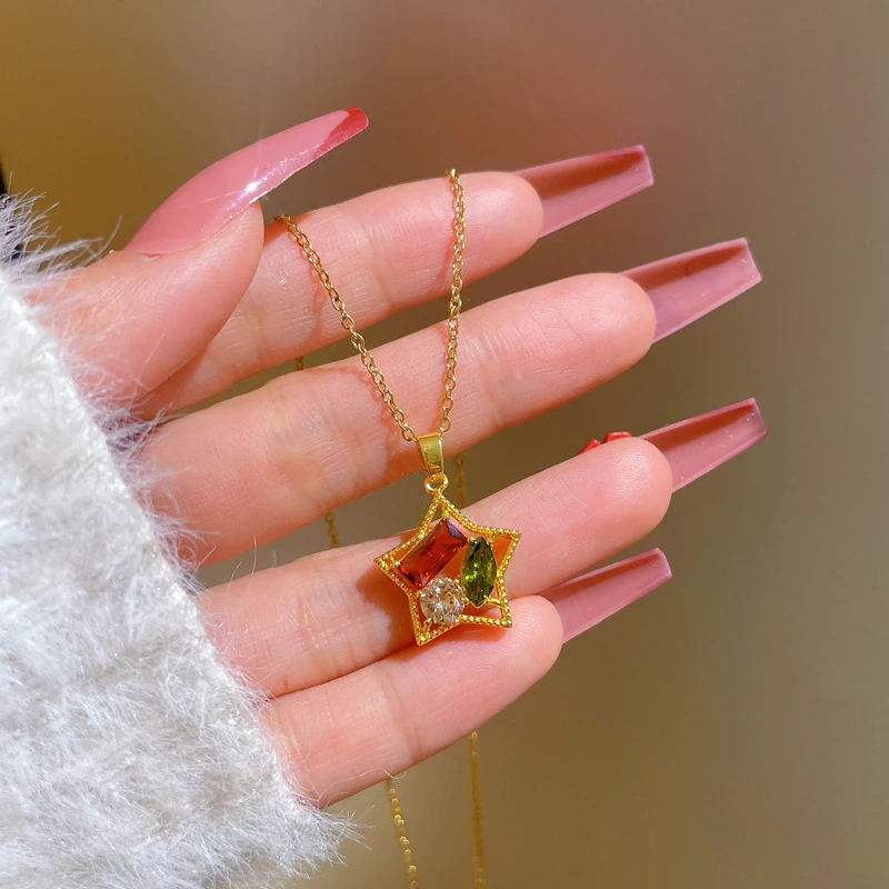 

Ins Fashion Delicate Colorful Zircon Gold Pentagram Pendant Necklace Women's Neck Ornaments Collarbone Chain Jewelry Accessories