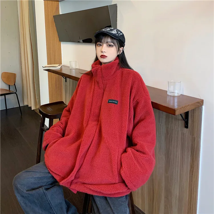 

Korean Winter Wear On Both Sides Tooling Coat Harajuku Style Thicken Jacket Vintage Zipper Lambswool Keep Warm Cotton Clothes