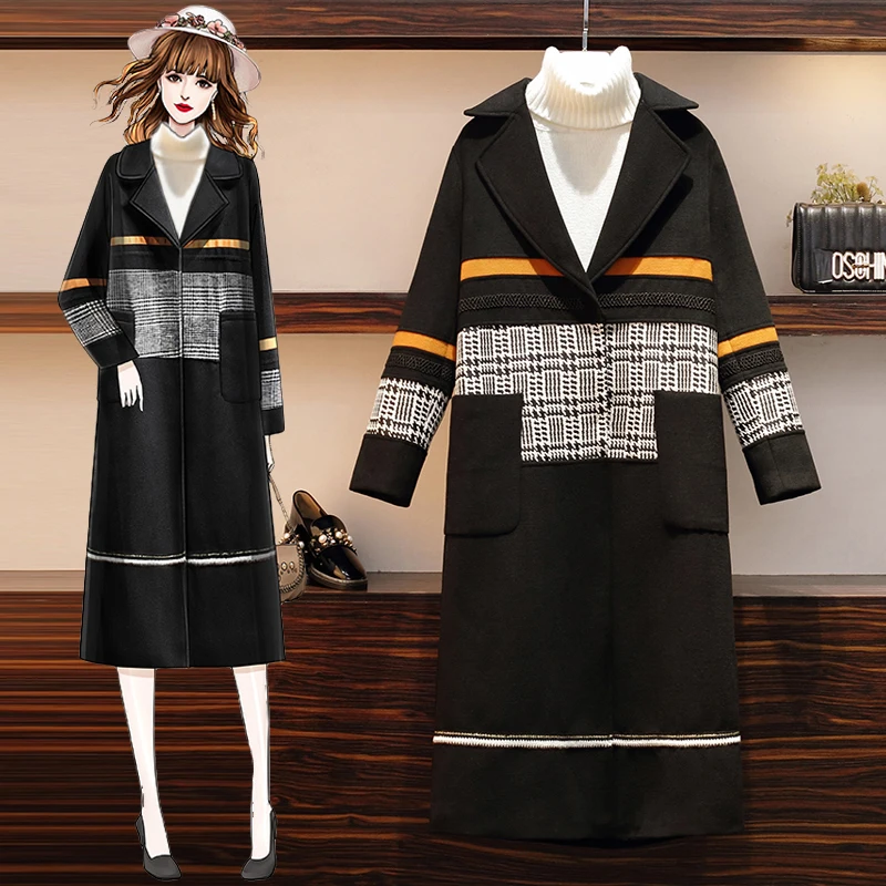 

Fashion Woolen Coat Women's Fall Winter Jacket Mid-Long Casual Blended Wool Outerwear Overcoat Ladies Black Woolen Coats 4XL