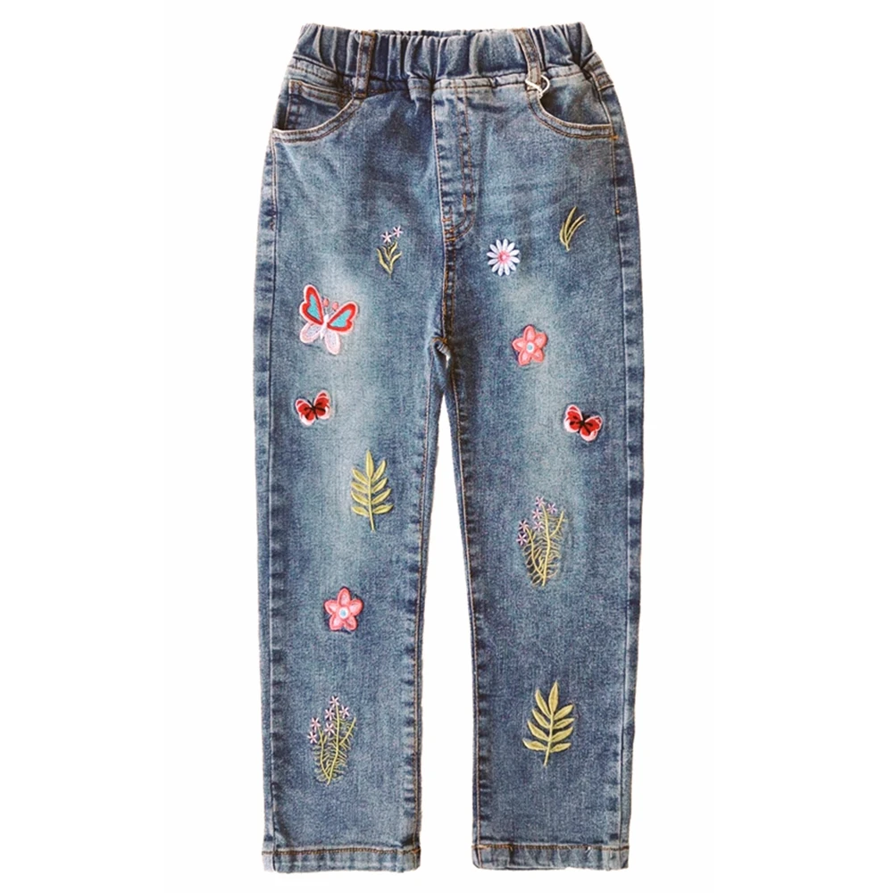 

Girls Jeans Spring 100% Cotton Stretchy Soft Denim Pants Kids Trousers Embroidery Flowers Toldder Clothes Girls Clothing