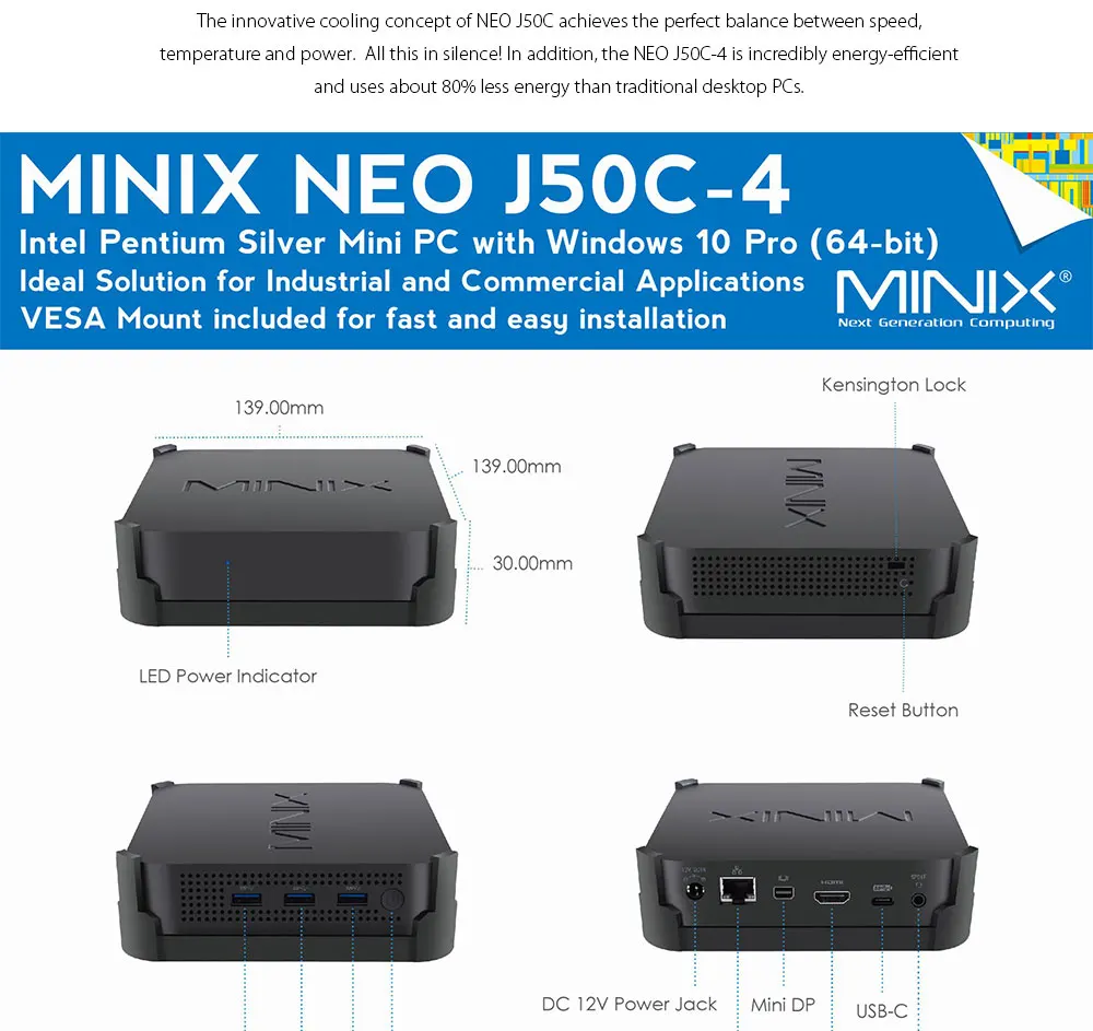 MINIX NEO J50C-4 мини-ПК Intel Официальный WINDOWS 10 PRO Intel Pentium Silver J5005 64 бит 4 Гб DDR4 32 Гб Bluetooth 4,1 USB-C 4K