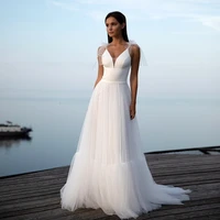 sexy bow shoulder wedding dresses 2021 v neck backless spaghetti straps vestido de novia sweep train tulle robe de mari%c3%a9e simple