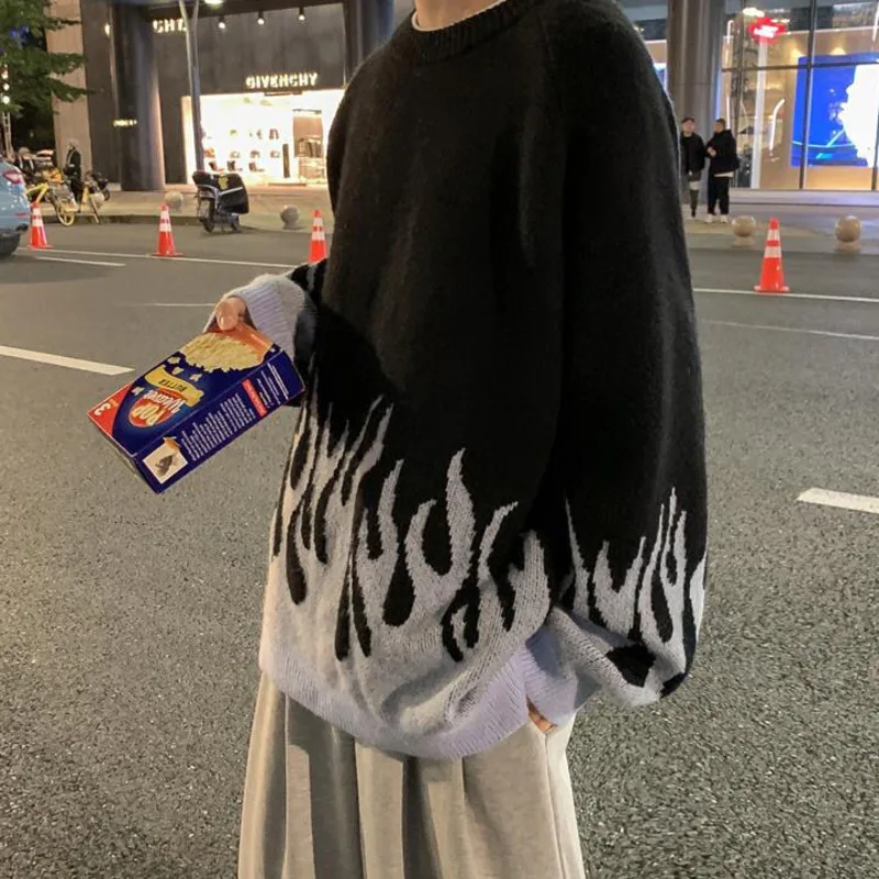 Новинка 2021 женский свитер в стиле хип-хоп жаккардовый с рисунком пламени пуловер