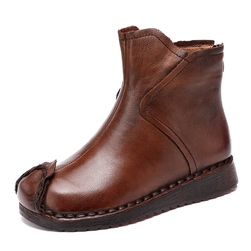 

YourSeason Ladies Genuine Leather Platform Boots 2021 New Round Toe Flat With Sewing Concise Women Zip Retro Boots