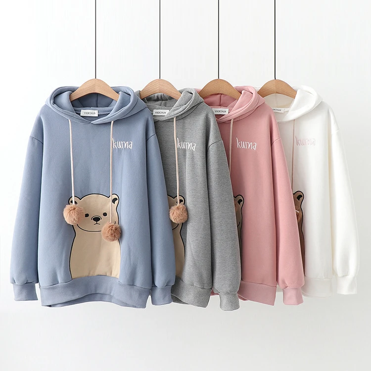 Merry Pretty женские толстовки с капюшоном Harajuku мультфильм Медведь Вышивка толстовки толстый свитшот с ушками на капюшоне спортивный костюм