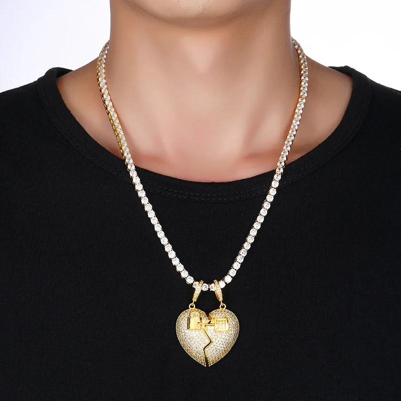 

Bling Iced Out Micro Paved CZ Separable Broken Heart With Key Necklaces & Pendants For Men Hip Hop Rapper Jewelry
