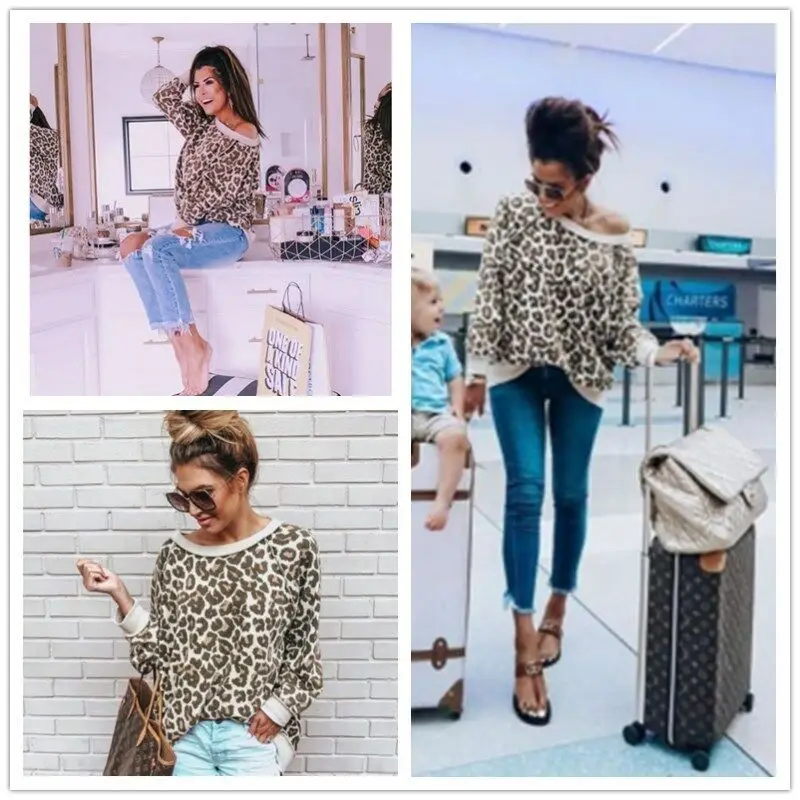 

New arrival 2019 Autumn Women's Leopard printed hoodies Fashion Women sweatshirt long sleeve o-neck Hoodies Stitching color Tops