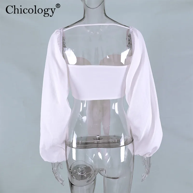 Элегантный женский кроп топ Chicology на шнуровке с длинным рукавом фонариком сезон