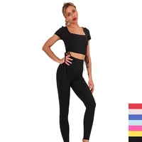 workout clothes for women pure color stitching bow ribbon yoga clothes womens sports running short sleeved 2pcs suit