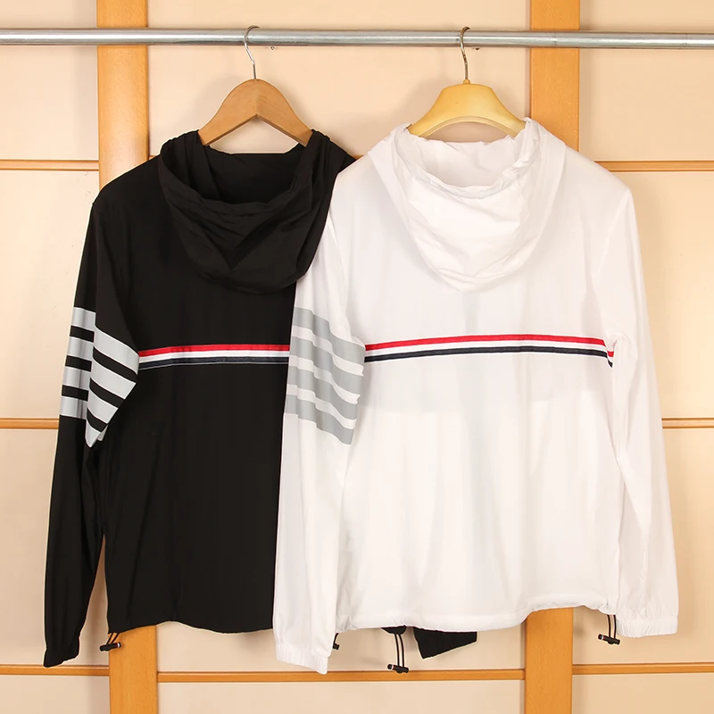 

brand 2021 TB hooded thin jacket men fashion striped skin windbreaker coat male zipper outdoor jacket with nood white black