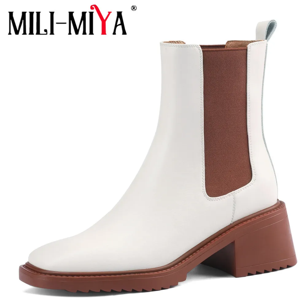 

MILI-MIYA Women Chelsea Ankle Boots Black Beige Quality Leather Casual Party Office Ladies Round Toe Slip On British Style Shoes