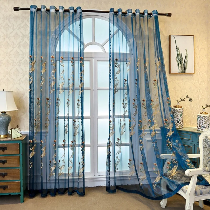 

Peacock Blue Embroidered Tulle Light Luxury Modern for Living Room Bedroom Study European Style Embroidered Window Screen Custom