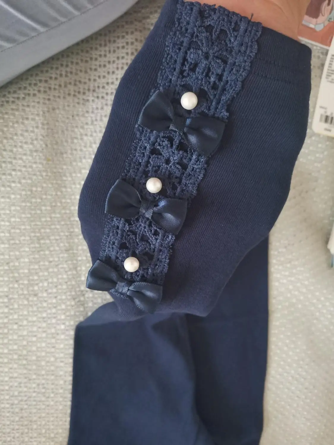 Autumn Spring 100-150cm 3-12 Years Cotton With Pearls Bow Flower Floral Lace Decoration Patchwork Baby Kids Girl Leggings