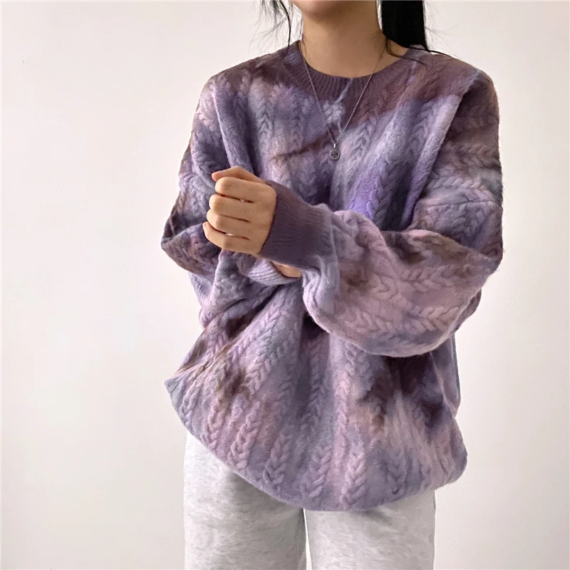 

2colors 2021 Autumn Winter Women Pullovers And Sweaters Jumper Korean Style Die Tie Loose knitted Sweater Female (C8226)