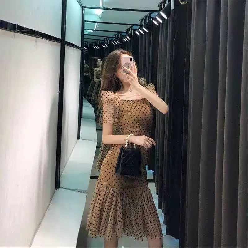 

Vintage Summer Women Dress for 2021 Long A-Line French Wave point Waist Vestidos robe femme dress plus-size