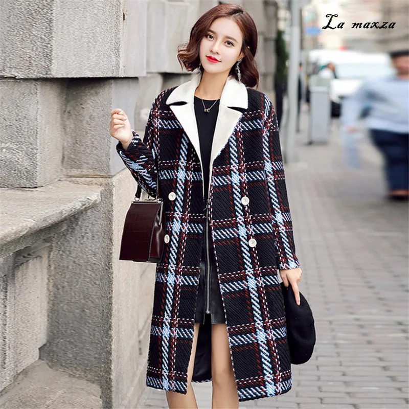 

Office Lady Plaid Women Coat 2021 Winter Fashion Vintage Double Breasted Oversized Cashmere Coat