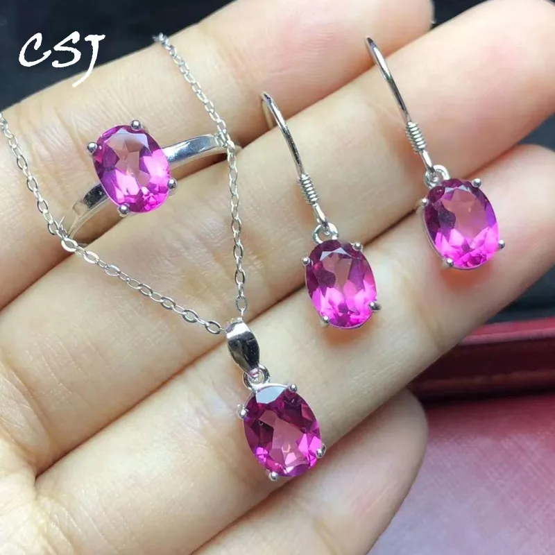 CSJ Natural Pink Topaz Jewelry Sets Sterling 925 Silver Amethyst Garnet Peridot Gemstone 6*8mmfor Women Party Birthday Gift