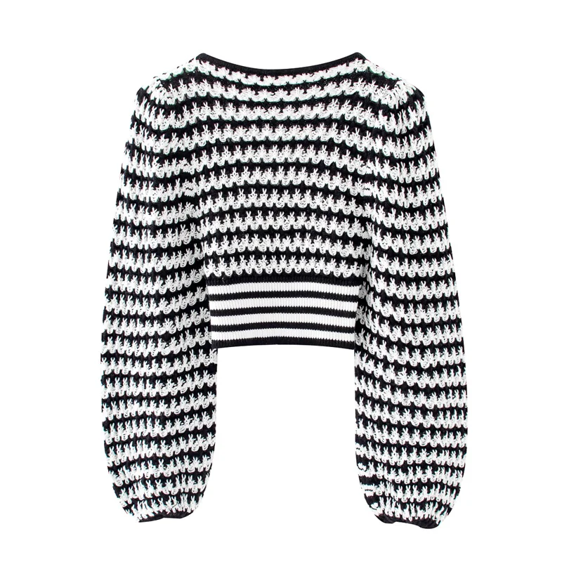 

Spring women's sweater casual striped V-neck lantern sleeve short sweater