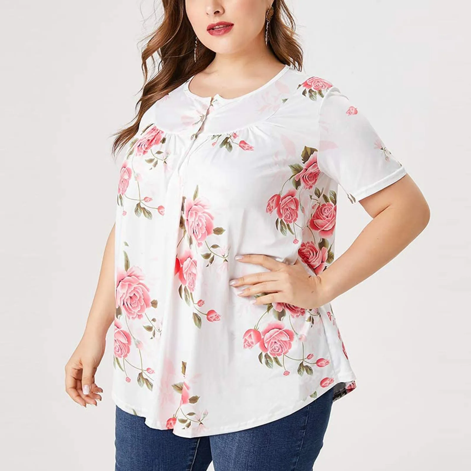 

Women Flower Print Blouse Plus Size Fashion Printing Short Sleeves O-neck Blouse Tops Vintage Plus Size Ladies Tops Blusas R5