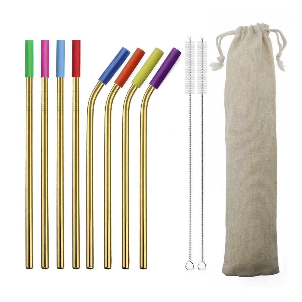 11PCS Gold 11 шт./компл. питьевой соломы 304 Нержавеющая сталь многоразовые соломы прямой изогнутая металлическая соломинка с силиконовыми наконечниками для чистки ногтей оптом - Цвет: 11PCS Gold