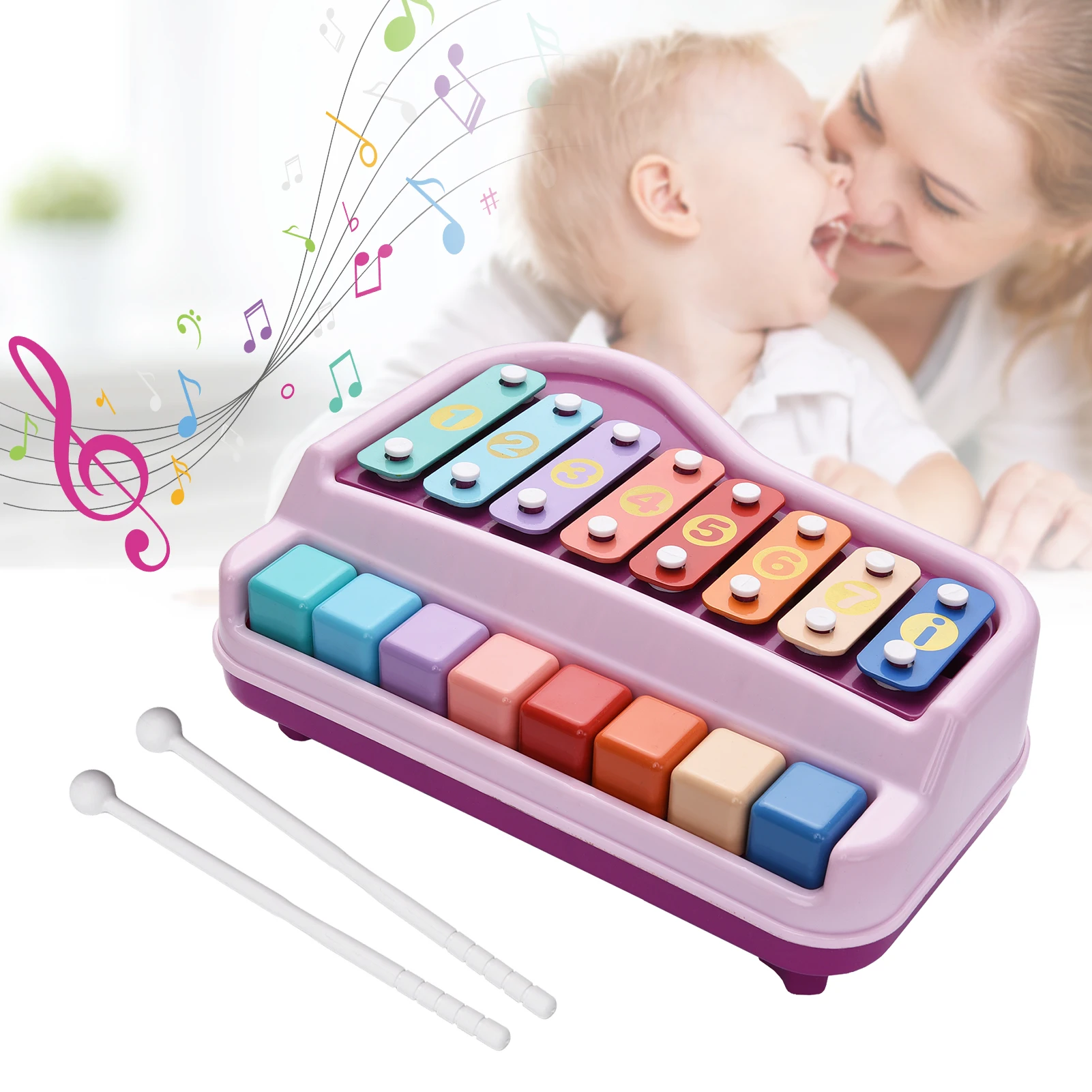 

New Toy 2 in 1 Piano Xylophone Musical Instrument Toy Wooden Eight-Notes with Mallets 8 Multicolored Key for Children Boys Girls
