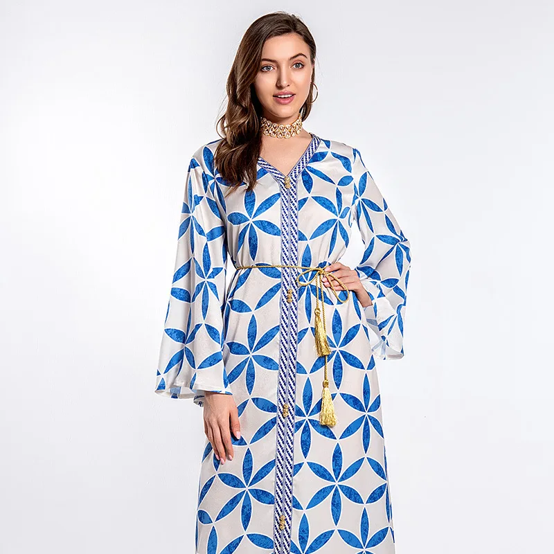 Женское платье макси с длинным рукавом V образным вырезом и цветочным