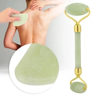 2pcs double head natural stone jade roller body scraping massager tool set anti aging anti wrinkle face lift green gua sha board