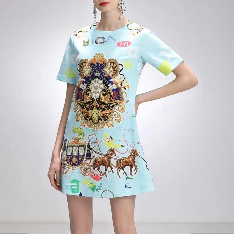 

2021 Designer Fashion Summer Vintage Dress Beading Letter Horse Flowers Printed Elegant Women Dresses